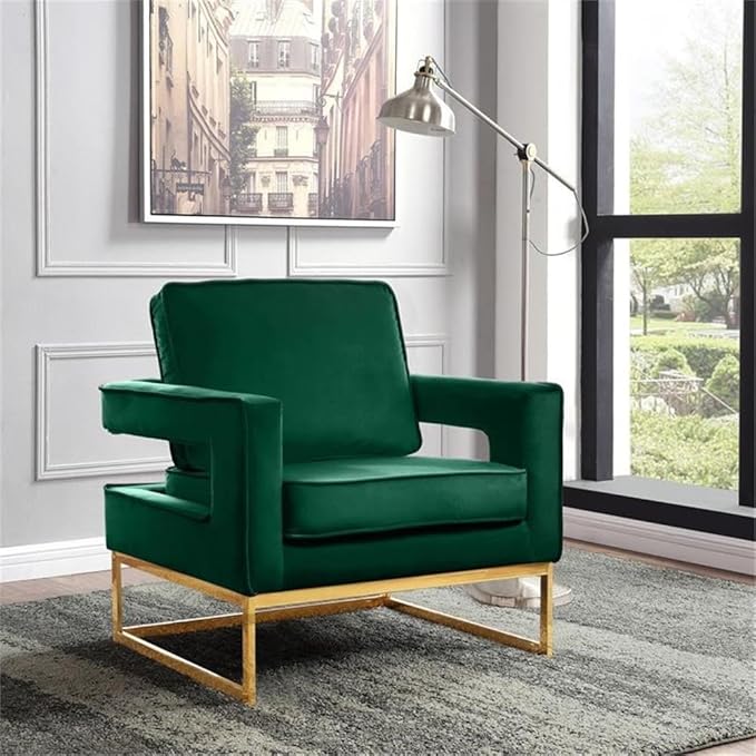Pemberly Row Modern Accent Chair Green Velvet Upholstery Gold Iron Base 33 W x 29 D x 35 H Solid Wood Frame Padded High-Density Foam Cushion Stylish Living Room or Bedroom Seating