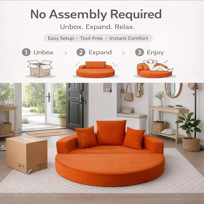 Convertible Round Sofa Bed 67 Corduroy Upholstered Loveseat Sleeper Couch Pull-Out Floor Bed with 3 Pillows No Assembly 550 lbs Weight Capacity (Orange)