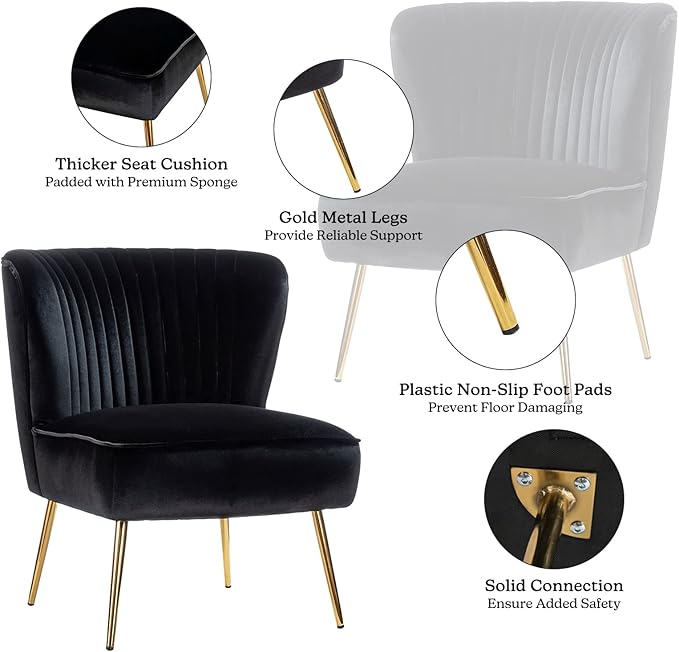 TINA'S HOME Velvet Accent Chair Set of 2 with Metal Golden Legs Upholstered Armless Slipper Chair with Wingback Mid Century Side Chair for Living Room Bedroom Vanity- Black