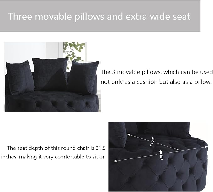 Round Accent Chair 40” Modern Velvet Sofa Chair with 3 Pillows Comfy Upholstered Tufted Club Lounge Chair for Living Room Bedroom Black
