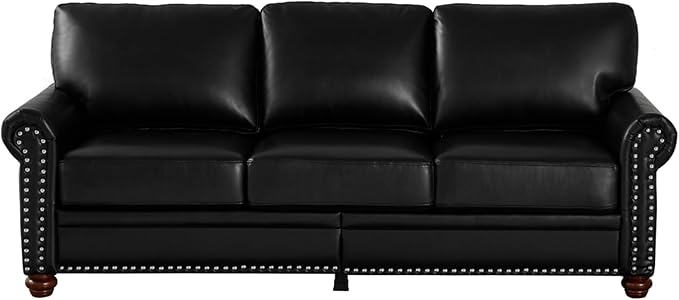 KEIKI 82.68 Chesterfield Sofa Retro Style Upholstered Faux Leather PU Couch with Storage Space Rolled Arm Nailhead for Living Room Bedroom Office Apartment Black
