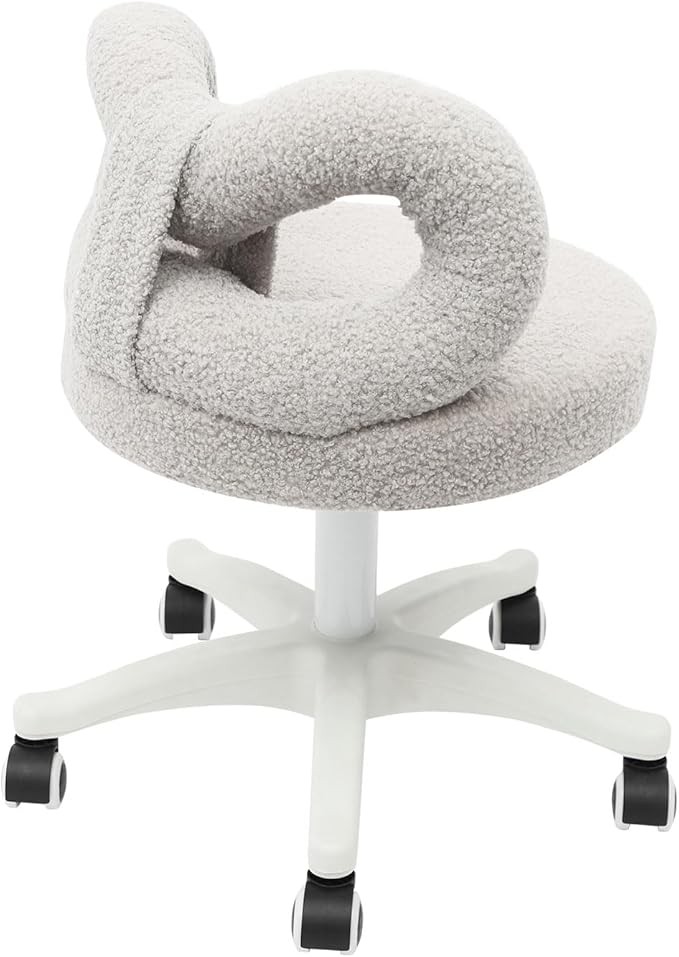 Vanity Chair with Cute Bow Backrest Grey Make-up Chair Height Adjustable Roller Chair with 5 Wheels Armless Dressing Chair Small Upholstered Accent Chair Desk Chair for Bedroom Living Room