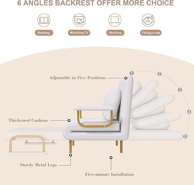 Folding Sofa Bed 5-in-1 Convertible Chair - 5-Position Adjustable Backrest with Pillow Space-Saving Sleeper for Living Room Bedroom &amp Office (White)