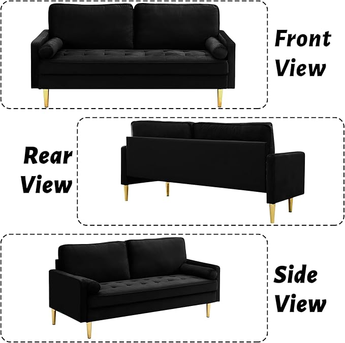 65 Loveseat Sofa with 2 Pillows Comfy Love Seat Cuches with Gold LegsVelvet Small Couchs for Living Room Bedroom Office ApartmentMid Century Modern Couch (Black)