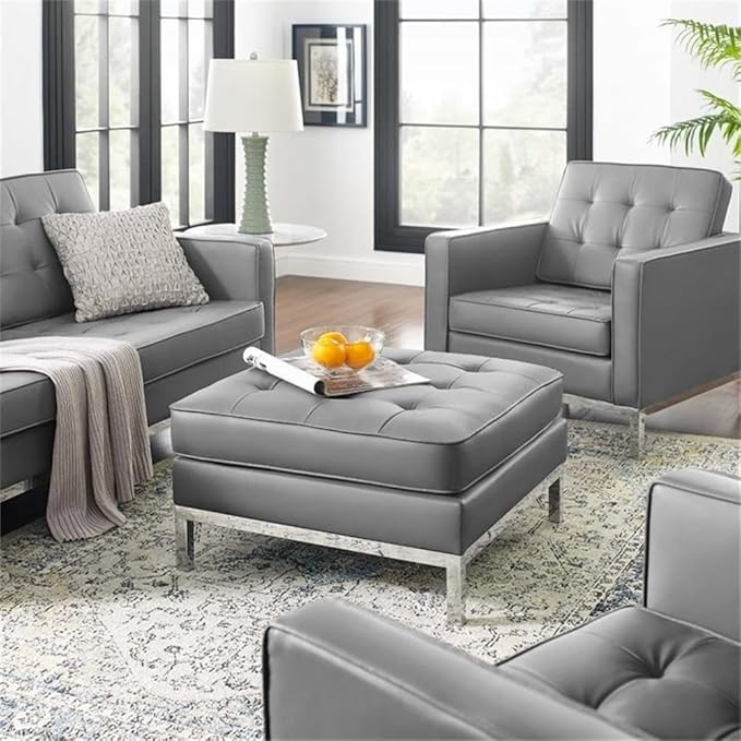 Modway Loft Tufted Button Faux Leather Upholstered Square Ottoman in Silver Gray