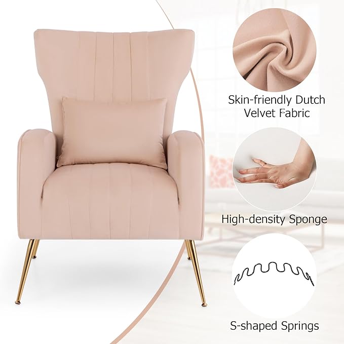 Giantex Velvet Accent Chair with Lumbar Pillow Upholstered Tufted Wingback Arm Chair w/Golden Metal Legs Mid Century Modern Single Sofa Chair for Living Room Bedroom Max Load 400 LBS Pink