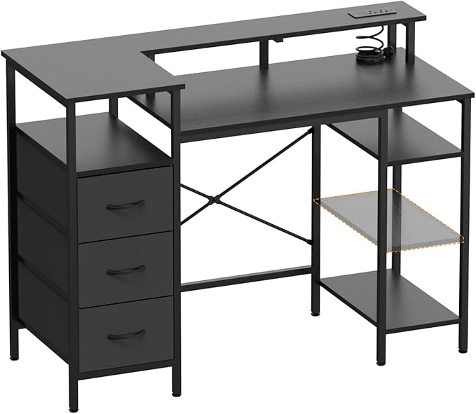 VINGLI 47 Inch L-Shaped Computer Desk Small Computer Gaming Desk with Fabric Drawers &amp Storage Shelves Charging Station Monitor Stand for Home Office Black