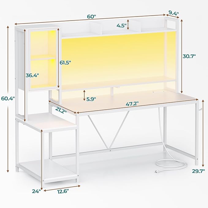 SEDETA White Gaming Desk 60'' Gaming Desk with Hutch and LED Lights Computer Desk with Storage Shelves Large PC Gamer Desk with Display Cabinet Monitor Stand Power Outlet for Home Office