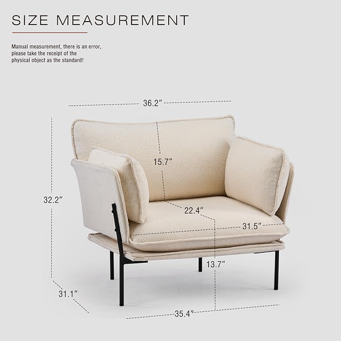 Modern Boucle Accent Chair for Living Room ChairsOversized Upholstered Reading Chair Lounge Armchair with Sturdy Metal LegsComfy Single Sofa Chair for Living RoomBedroomBalcony (Cream)