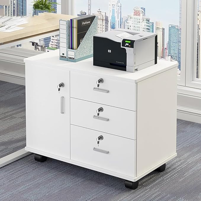 Wood File Cabinet with Lock Mobile Lateral Filing Cabinet for Home Office Printer Stand with Adjustable Shelves Under Desk Filing Cabinet for A4/Letter(Color:White)