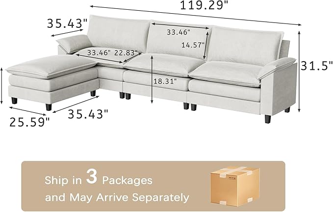 Flamaker Modular Sectional Sofa Couch Fabric Reversible L Shaped Sofa Couch Cloud Couch with Ottoman 3-Seat Sectional Sofa Couches for Living Room Apartment(White)
