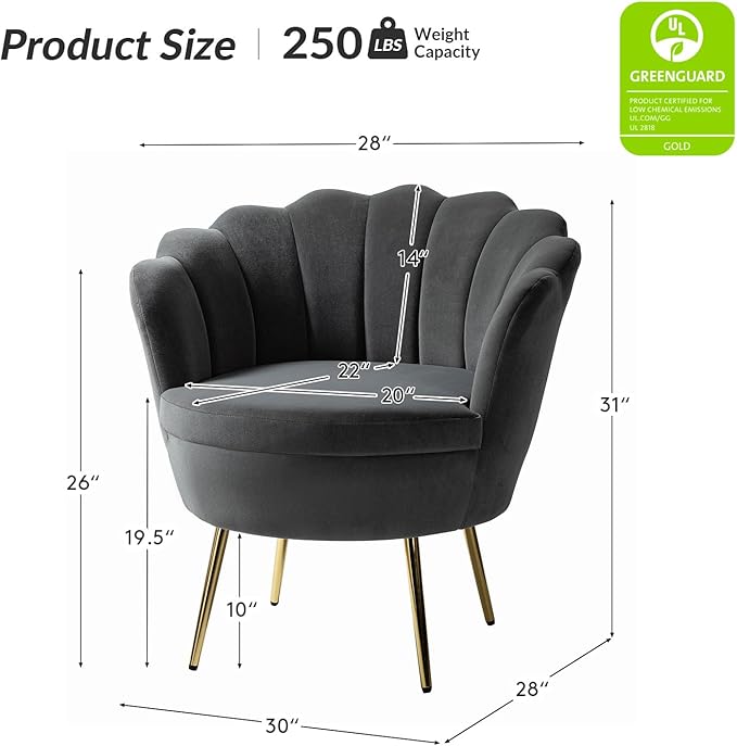 HULALA HOME Modern Velvet Accent Chair with Shell Shaped Back Cute Living Room Bedroom Armchair with Gold Legs Comfy Upholstered Vanity Chair for Makeup Room Grey
