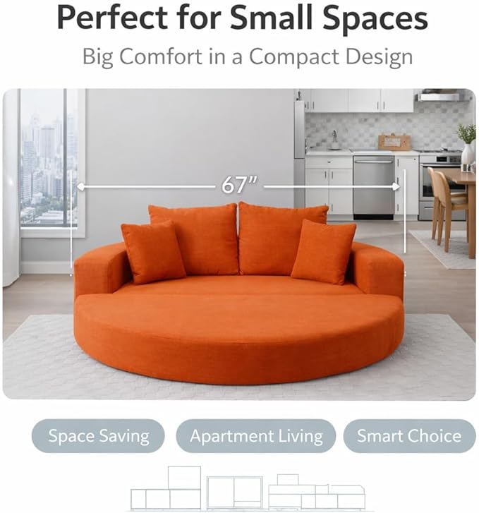 Convertible Round Sofa Bed 67 Corduroy Upholstered Loveseat Sleeper Couch Pull-Out Floor Bed with 3 Pillows No Assembly 550 lbs Weight Capacity (Orange)