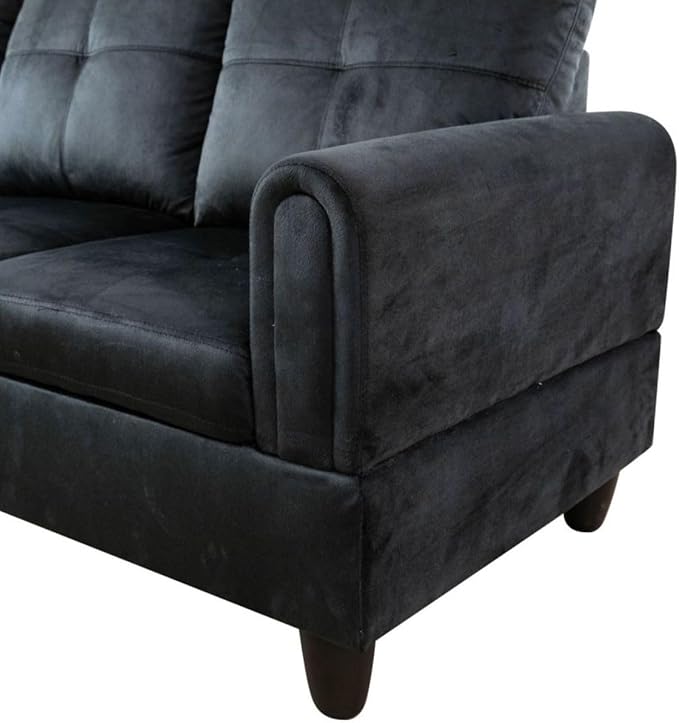 Black L-Shaped 3-Piece Flannel Sofa with Storage Ottoman Set Sectional Couch Sofa Set for Living Room Office Small Space