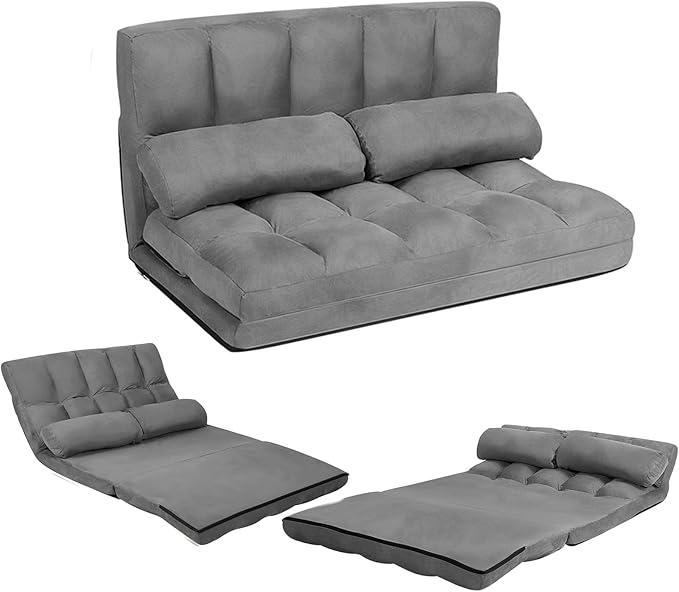 KOMFOTT Adjustable Floor Sofa Bed Foldable Lazy Sofa Sleeper with 6 Position Backrest &amp 2 Pillows Convertible Futon Couch with Suede Cloth Cover Lounge Recliner for Living Room