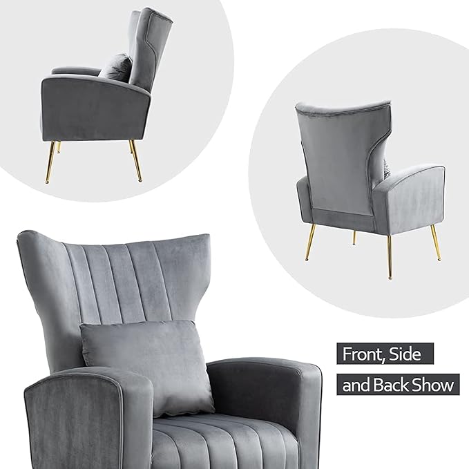 Modern Living Room Chairs Velvet Accent Chair Armchair with Lumbar Pillow High Back Bedroom Chairs Vanity Chair Barrel Chair Arm Chair with Gold Legs Grey