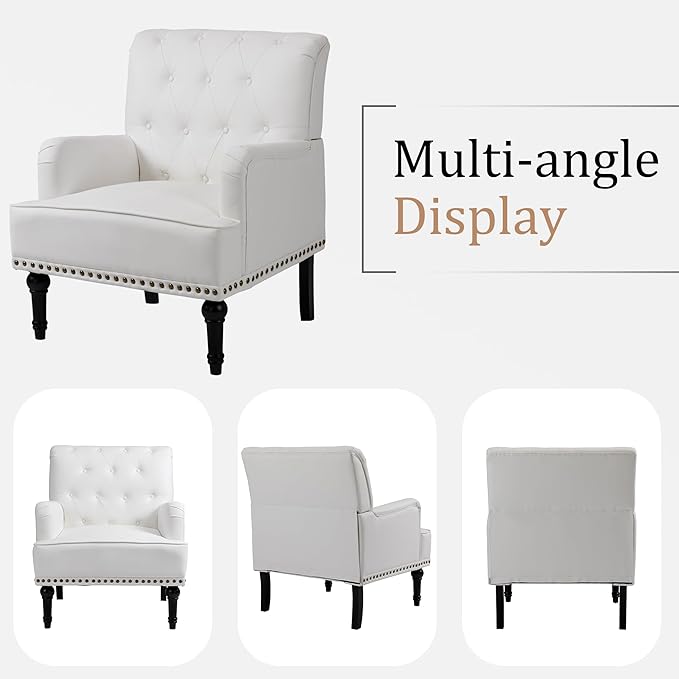 MOJAY Modern PU Leather Accent Chair Set of 2 Mid-Century Living Room Lounge Club Chair with Rivet Trim Single Sofa Reading Arm Chair for Bedroom Home Office Study Lounges(White)