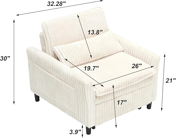 3-in-1 Convertible Sofa Chair BedPull Out Couch Single Sleeper Chair Bedwith Adjustable Backrest with Side Pockets Lounge Sofa for Living Room Bedroom Small Spaces (Beige)