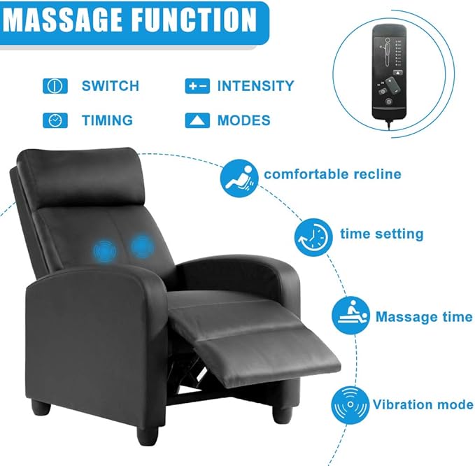 Recliner Chair for Living Room Massage Recliner Sofa Home Theater Seating Modern Reclining Chair Winback Single Sofa Reading Chair Easy Lounge with PU Leather Padded Seat Backrest (Black)