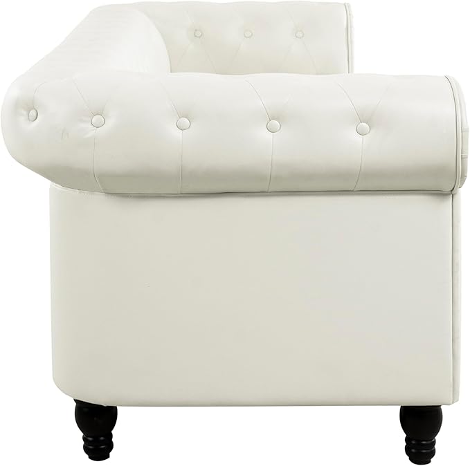 Naomi Home Emery Chesterfield Love Seat Loveseat Sofa &amp Accent Chair w/Rolled Arms Tufted Cushions Solid Wooden Legs Deep Seating Comfy Bedroom Living Room Reading Chair Tool-Free Assembly White