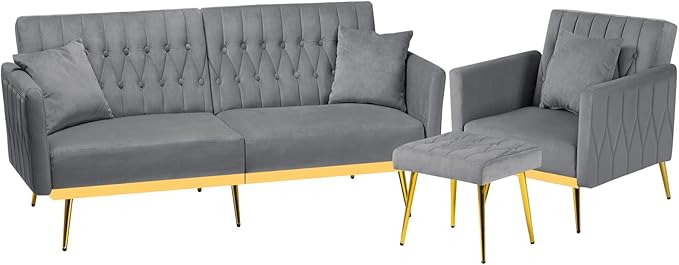 2 Pieces Velvet Sofa Set with Adjustable Armrest and Backrest 70” Convertible Futon Sofa Bed &amp Mordern Accent Chair with Ottoman for Living Room Bedroom Grey