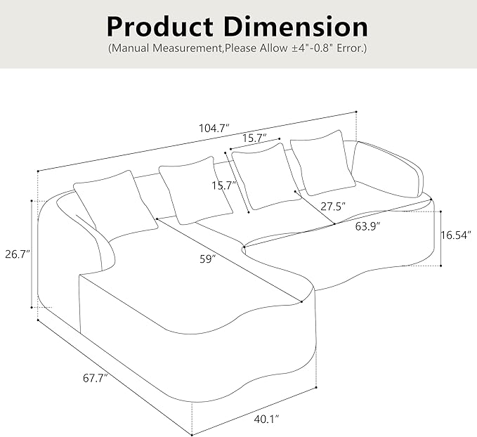 KEIKI 104.7 Cloud Sofa L-Shape Sectional Sofa with Curved Chaise Futon Sofa Couch Folding Mattress for Living Room Guest BedroomNo Assembly Required Beige