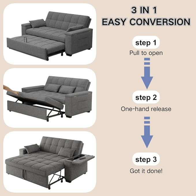 Gizoon 3 in 1 Convertible Sofa Bed Queen 63.6'' Pull Out Couch with Storage Armrests Sofa Cama Adjustable Backrest &amp Pockets Linen Loveseat Sleeper for Small Apartment Living Room Dark Grey