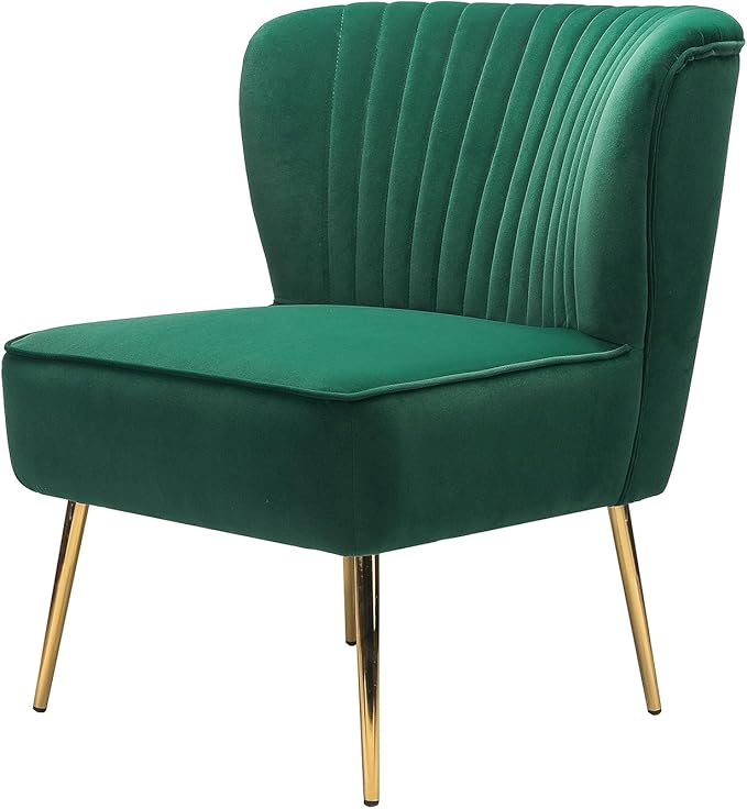 HULALA HOME Velvet Accent Chair Modern Upholstered Cute Side Chair with Gold Metal Legs Armless Wingback Slipper Chair Comfy Living Room Chair for Bedroom Guest Room VanityGreen