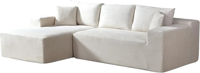 Ridge 2-Piece Convertible Corduroy L-Shaped Sofa in a Box with Pillows 3-Seater Modular Sectional Couch Compressed Living Room Furniture Beige (Left Facing)