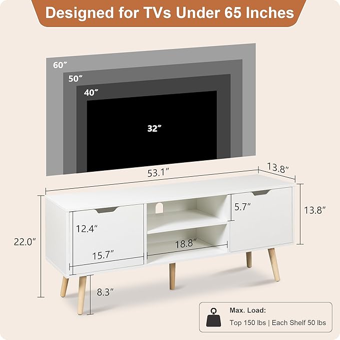 ALINE FURNITURE White TV Stand for 50 55 60+ inch TVs - Media Console with 2 Cabinets &amp Open Shelves Solid Wood Legs - TV Consoles for Living Room - 22 H Entertainment Center for Bedroom