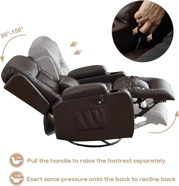 IPKIG Rocking Recliner Chair Upholstered Manual Recliner Chair 360° Swivel Glider Rocker Chair with LED Light USB Port Side Pocket Cup Holders Lumbar Pillow for Living Room Home Theater (Brown)
