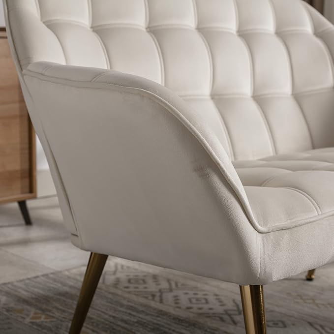 48 Small Loveseat for Small Spaces Upholstered Velvet Loveseat Sofa Mid Century Modern 2-Seater Couch with Armrest and Gold Legs for Bedroom Living Room Apartment Cream
