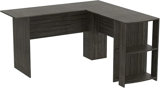 Pemberly Row 55 L L-Shaped Computer Desk Dark Gray Finish Engineered Wood and Metal 2-Shelves Modern Style Spacious Workstation for Home Office or Study