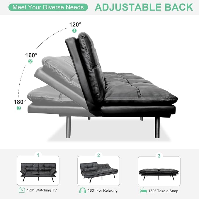 MUUEGM Futon Couch with 71 Adjustable High Density Memory Foam Futon Sofa Bed Modern Design Sofa Bed for Living Room Sleeping and Relaxing(Leather Matte Black)