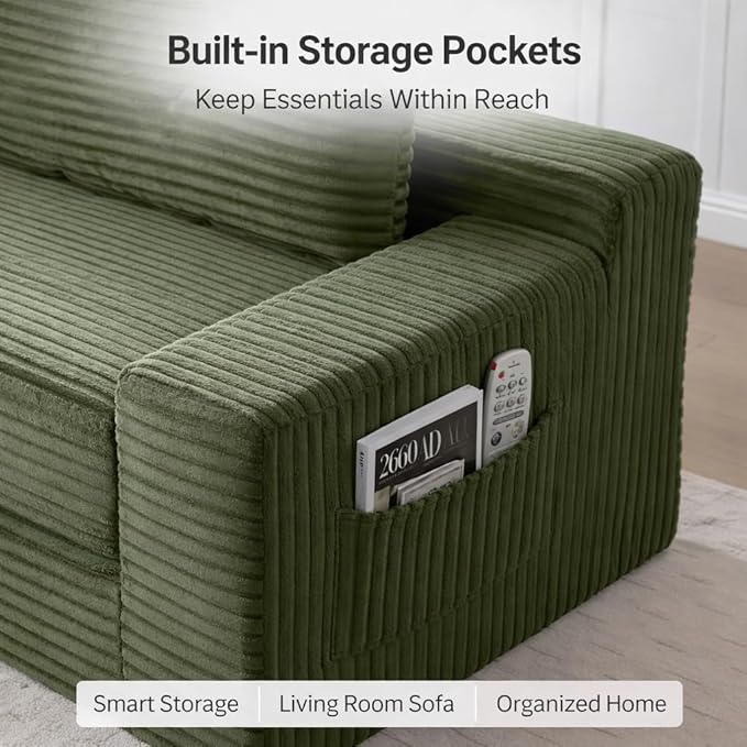 73INCH 2 in 1 Convertible Folding Couch Bed Corduroy Sleeper Sofa with Pull-Out Bed No Assembly Floor Sofa for Living Room Apartment &amp Small Spaces (Green)