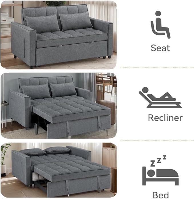 3-in-1 Convertible Loveseat Sofa Bed with Pull Out Bed and Storage Sectional Counch for Living Room Apartment Bedroom Office Adjustable Backrest Darkgray