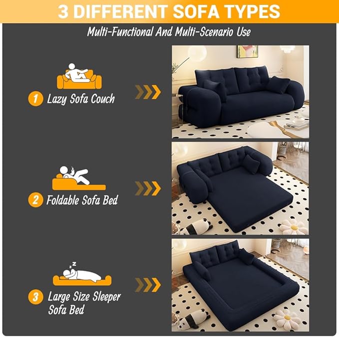 78.7'' Folding Sleeper Sofa 3 in 1 Folding Sofa Bed Teddy Couch Upholstered Deep Seat Bean Bag Lounge Recliner Oversized Human Dog Bed for Living Room Playroom Bedroom (Dark Blue)