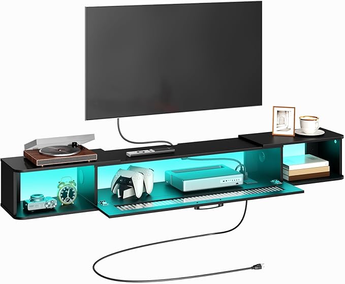 HOOBRO Floating TV Stand with LED Light Power Outlet for TVs up to 75” Wall Mounted TV Shelf Modern Media Console Entertainment Center Under TV for Living Room Bedroom Black BK36UDDS01G1
