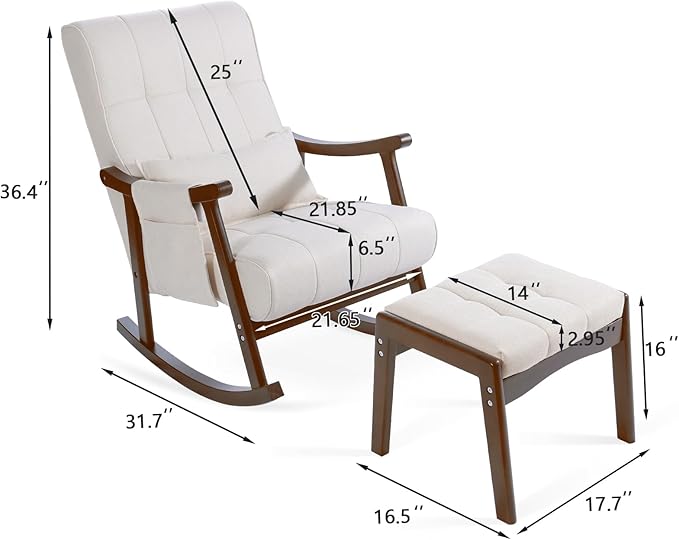 NOBLEMOOD Rocking Chair Indoor with Ottoman Upholstered Rocking Chair with Lumbar Pillow Side Pocket High Back Solid Wood Frame Rocker with Footrest for Living Room