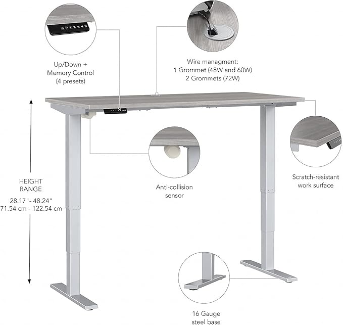Move 40 Series by Bush Business Furniture 48W x 24D Electric Height Adjustable Standing Desk in Platinum Gray with Silver Base