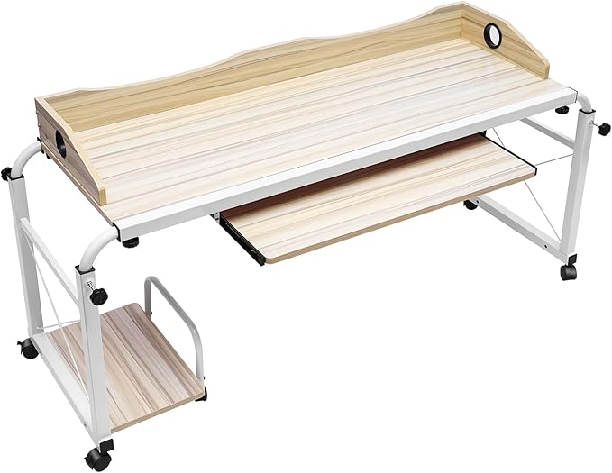 Mobile Stretchable DeskHeight&ampWidth Adjustable Laptop Desk with Wheels Storage Desk Home Office Computer Workstation Portable Rolling Table Laptop Cart for SittingWhite