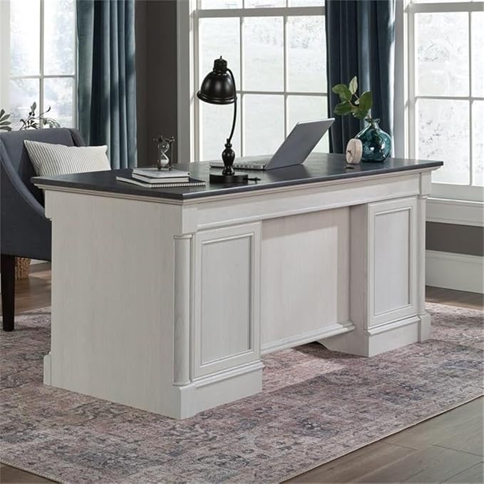 Sauder Palladia Office Desk with Drawers Executive Desk with File Cabinet Storage Cable Management Keyboard Tray in Glacier Oak Finish