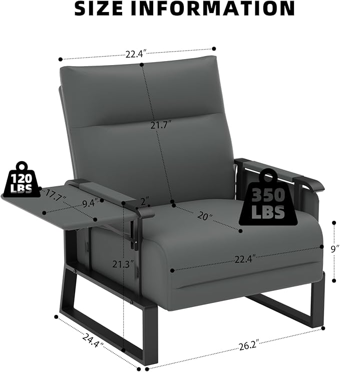 Faux Leather Accent Chair with Flip Up Tray Table Soft Backrest Side Pocket for Living Room Office Bedroom Leather Accent Chair Gray