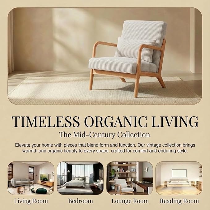 Corduroy Upholstered Mid Century Modern Accent Chair with Wide Armrests and Pillow Comfy Reading Armchair for Living Room Bedroom Guest Room (Beige+Light Oak Finish Frame)