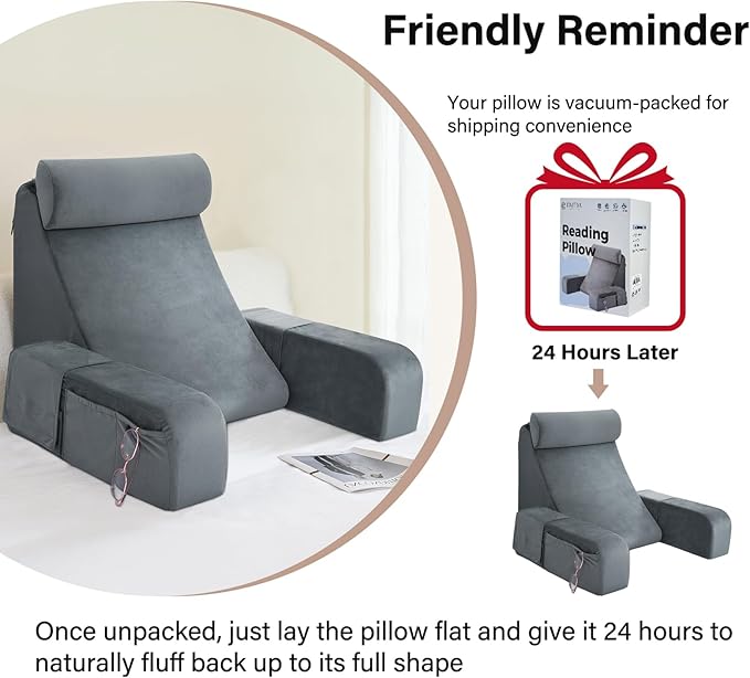 ENITYA Reading Pillow for Sitting in Bed Adult 19 Back Support Pillow for Bed Sitting up Backrest Cushion for RecliningGamingRestingWatching TV in Couch or Floor Wedge with Arms Medium(Grey)