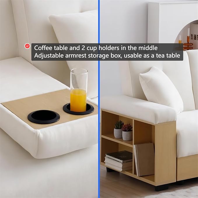 Sofa 84.65 Convertible Sofa Bed with Storage Ottoman Adjustable Armrest &amp Coffee Table - Perfect for Small Apartments 2 Drawers Soft Cotton Linen Fabric Solid Wood FrameBeige
