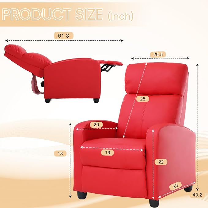 Recliner Chair Breathable Padded PU Leather Massage Single Sofa Recliners for Small Recliner Chair with Footrest Home Theater Seating for Bedroom Living RoomRed