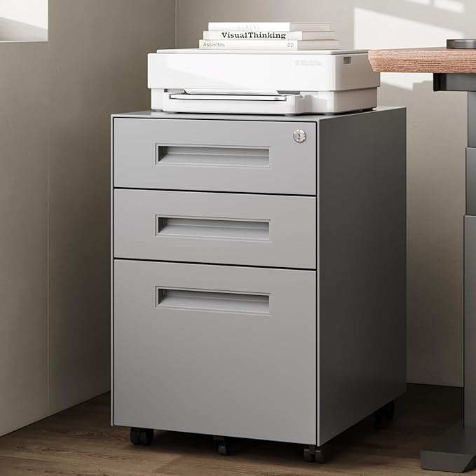 Dripex 3 Drawer File Cabinet Mobile File Cabinet with Lock on Wheels Letter/Legal Size Fully Assembled Modern Small Short Vertical Metal Rolling Filing Cabinets Under Desk for Home Office (Grey)