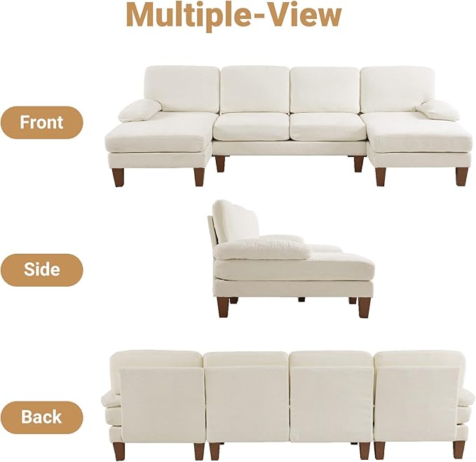 VINGLI 110 Sectional Couches for Living RoomU Shaped Couch with Double Chaise 4-Seat Sofa Set with Chenille Fabric for Home FurnitureBeige