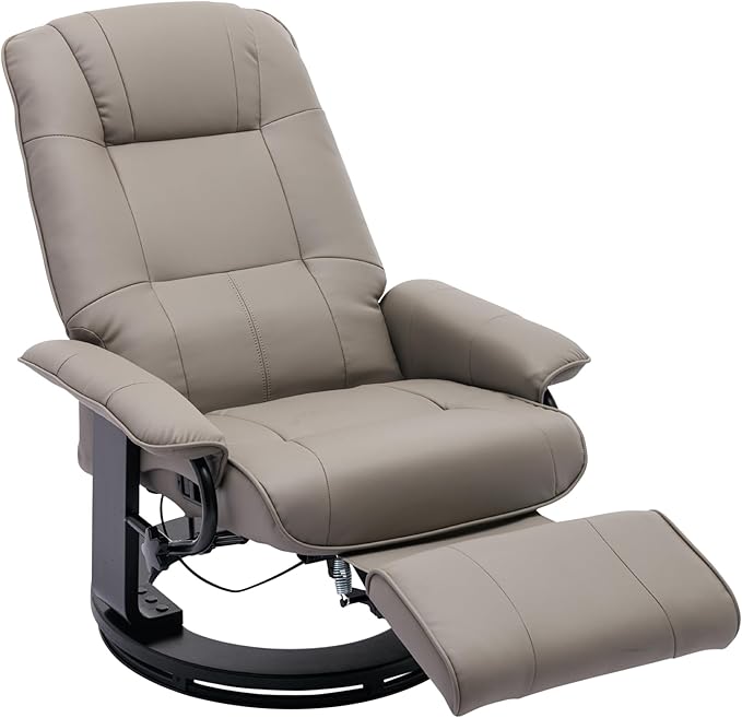 Faux Leather Manual ReclinerAdjustable Swivel Lounge Chair with FootrestCan Rotate 360 DegreesL-Right Angle Curved Wooden Frame Armrest and Wrapped Wood Base for Living RoomGrey
